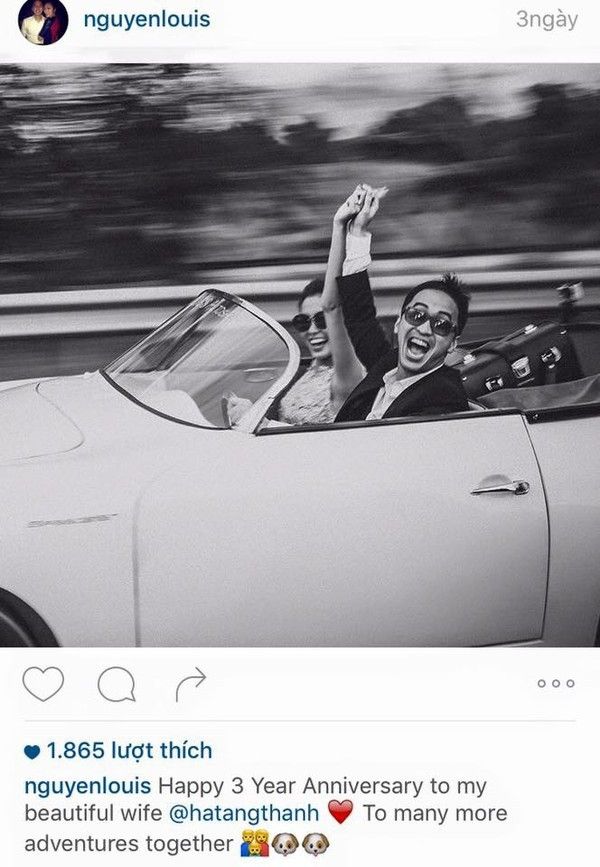Vợ chồng Tăng Thanh Hà luôn biết hâm nóng tình yêu bằng những hành động lãng mạn trong những ngày đặc biệt của cả hai. Ví như trong những dịp kỉ niệm ngày cưới, cả hai sẽ chia sẻ trên trang cá nhân những hình ảnh ngọt ngào kèm theo lời yêu thương dành cho nhau. Trong năm nay, Louis Nguyễn đăng tải hình ảnh nắm tay Tăng Thanh Hà nhân dịp kỉ niệm 3 năm ngày cưới. Anh còn nhắn gửi vợ yêu những dòng chia sẻ đầy tình cảm: "Happy 3 year anniversary to my beautiful wife. To many more adventures together (Tạm dịch: Hạnh phúc kỉ niệm 3 năm với người vợ xinh đẹp của tôi. Chúng ta sẽ cùng nhau đi tới nhiều cuộc phiêu lưu mới em nhé).